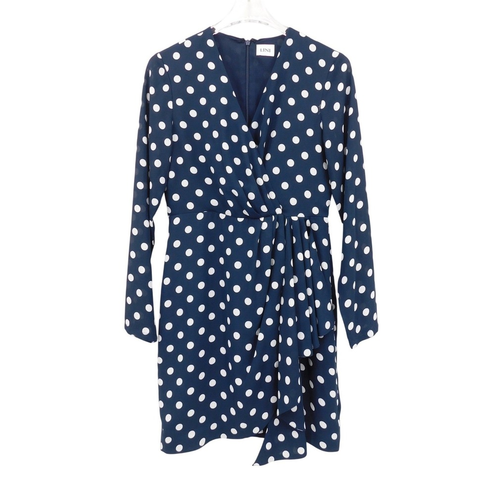 LINI Womens‎ Navy Polka Dot Long Sleeve Short Faux Wrap Dress Size Medium